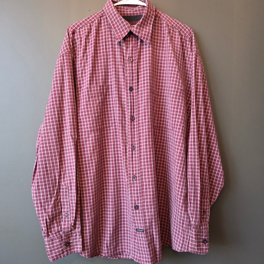 Mens GUESS‎ Jeans USA Red Plaid Button Down Shirt Long Sleeve Casual XL Work